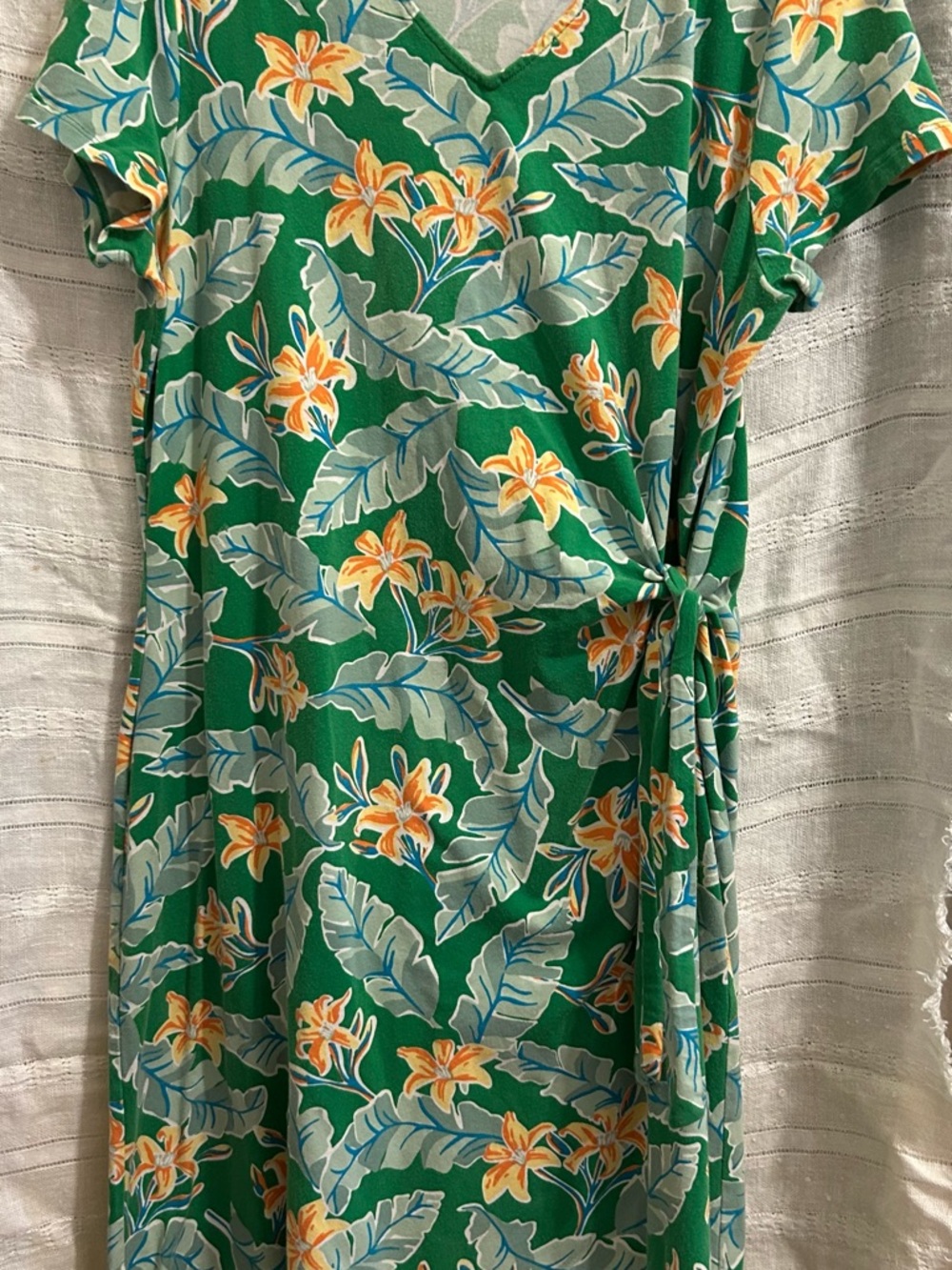 Lands' End Green Floral Wrap-Style Top with Orange Accents